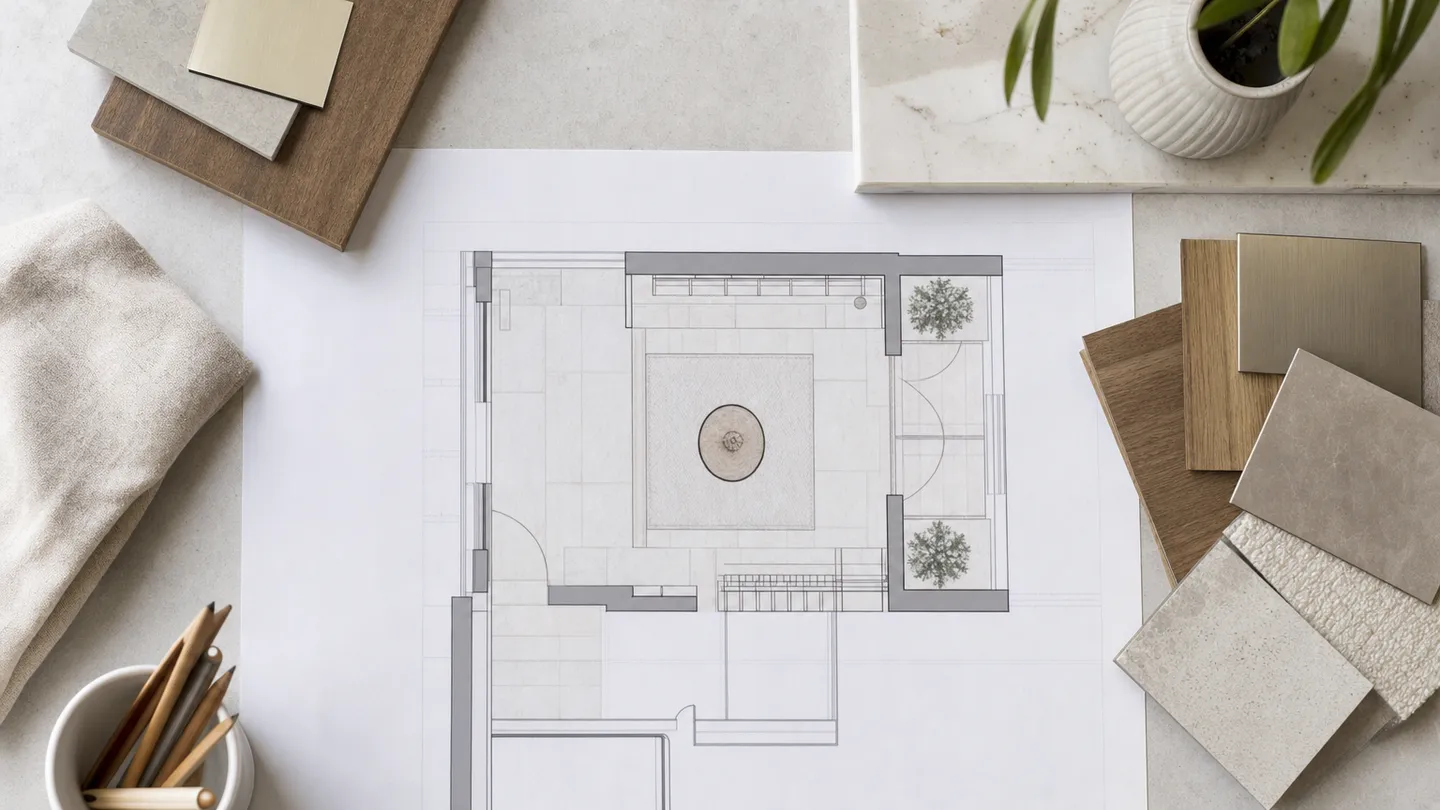Planta de hall de entrada com amostras de acabamento